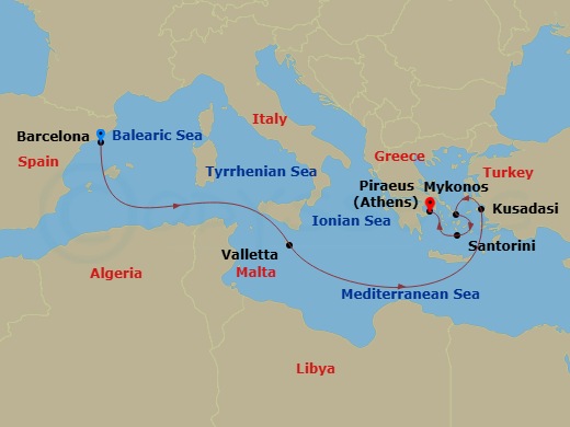 Celebrity Xcel - 7 Night - Greece, Malta & Turkey Cruise - Celebrity Xcel - Starting in Barcelona, Spain, Valletta, Malta, Ephesus (Kusadasi), Turkey, Mykonos, Greece, Santori.. itinerary map