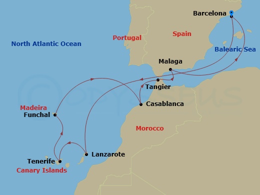 Celebrity Infinity - 13 Night - Canaries & Morocco Holiday - Celebrity Infinity - Starting in Barcelona, Spain, Lanzarote, Canary Islands, Tenerife, Canary Islands, Madeira (Funch.. itinerary map
