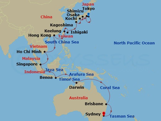 Grand Princess - 30 Night - Circle Pacific Segment (Tokyo to Sydney) - Grand Princess - Starting in Tokyo, Japan, Shimizu (for Mount Fuji), Japan, Osaka (for Kyoto), Japan, Ko.. itinerary map