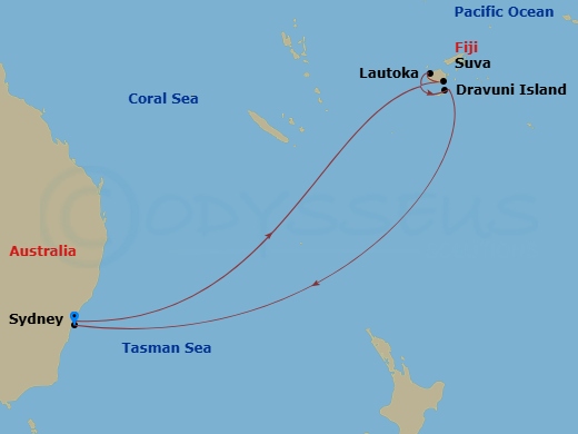 Royal Princess - 12 Night - Australia / New Zealand Roundtrip from Sydney - Royal Princess - Starting in Sydney AU, Suva, Fiji, Lautoka, Fiji, Dravuni Island, Fiji, Sydney AU itinerary map