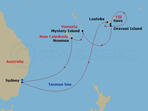 Grand Princess - 13 Night - Australia / New Zealand Roundtrip from Sydney - Grand Princess - Starting in Sydney AU, Lautoka, Fiji, Suva, Fiji, Dravuni Island, Fiji, Mystery Is.. itinerary map