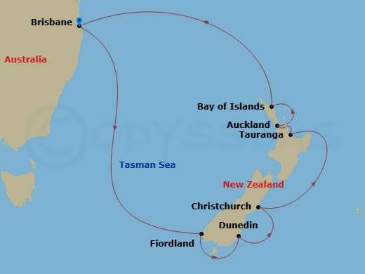 Grand Princess - 14 Night - New Zealand - Grand Princess - Starting in Brisbane, Australia, Fiordland National Park (Scenic Cruising), Dunedin (Port Chalmers), New Zealand, Ch.. itinerary map