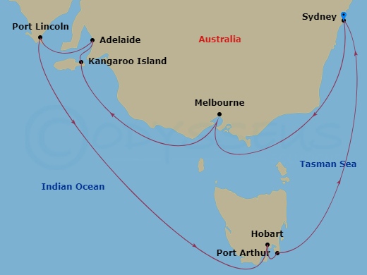 Grand Princess - 12 Night - Southern Australia Explorer - Grand Princess - Starting in Sydney AU, Melbourne, Australia, Kangaroo Island, Australia, Adelaide, Australia, Port L.. itinerary map