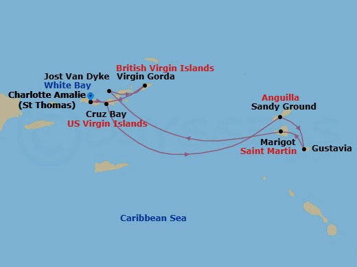 7 Night - St. Barths & Caribbean Gems Cruise - SeaDream II - Starting in Charlotte Amalie, St Thomas, St John VI (Cruz Bay), US Virgin Islands, Sandy Ground, Gustavia, Marigot, White Bay, Jost van Dyke, Spanish Town, Virgin Gorda, Leverick Bay, Virgin Gorda, Charlotte Amalie, St Thomas itinerary map
