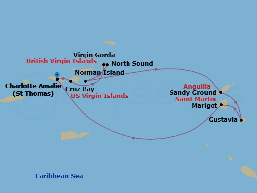 7 Night - St. Barths & Caribbean Gems Cruise - SeaDream II - Starting in Charlotte Amalie, St Thomas, St John VI (Cruz Bay), US Virgin Islands, Spanish Town, Virgin Gorda, North Sound, Virgin Gorda, Norman Island, Sandy Ground, Gustavia, Marigot, Charlotte Amalie, St Thomas itinerary map