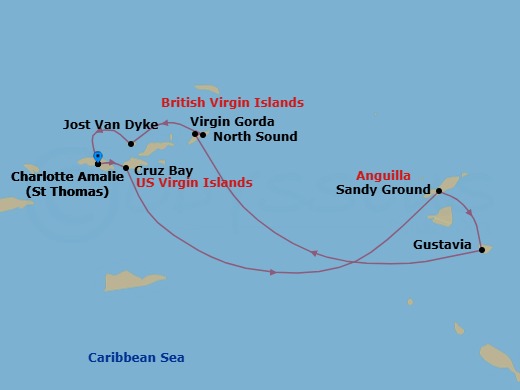 7 Night - St. Barths & Caribbean Gems Cruise - SeaDream II - Starting in Charlotte Amalie, St Thomas, St John VI (Cruz Bay), US Virgin Islands, Sandy Ground, Gustavia, Spanish Town, Virgin Gorda, North Sound, Virgin Gorda, White Bay, Jost van Dyke, Charlotte Amalie, St Thomas itinerary map