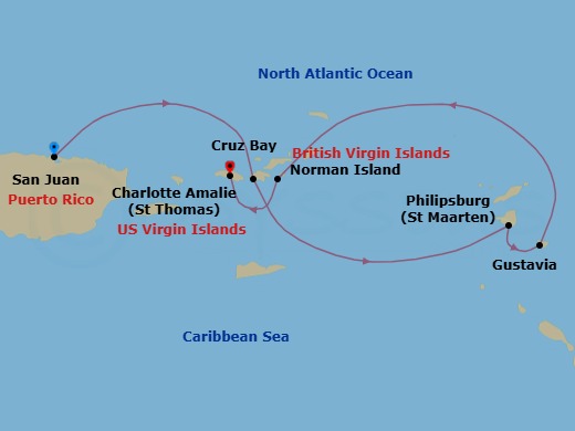 7 Night - Tropical New Year's Ii Explorer Cruise - SeaDream II - Starting in San Juan, St John VI (Cruz Bay), US Virgin Islands, Philipsburg, Simpson Bay, Gustavia, Norman Island, Charlotte Amalie, St Thomas itinerary map