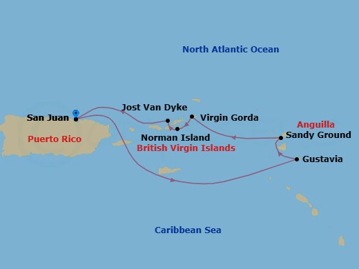 8 Night - Caribbean Celebration Ii Cruise - SeaDream II - Starting in San Juan, Gustavia, Sandy Ground, Spanish Town, Virgin Gorda, Trellis Bay, Beef Island, Leverick Bay, Virgin Gorda, Cane Garden Bay, Tortola, Norman Island, White Bay, Jost van Dyke, San Juan itinerary map