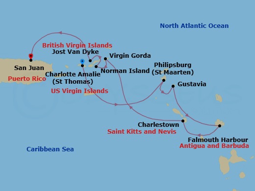 7 Night - St. Barths & Caribbean Gems Cruise - SeaDream II - Starting in Charlotte Amalie, St Thomas, Philipsburg, Simpson Bay, Gustavia, Falmouth Bay, Charlestown, Nevis, Spanish Town, Virgin Gorda, Norman Island, White Bay, Jost van Dyke, San Juan itinerary map