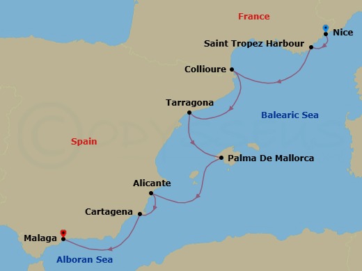 7 Night - Spanish Riviera Revealed Cruise - SeaDream II - Starting in Nice, St Tropez, Collioure, Tarragona, Palma de Mallorca, Balearic Islands, Alicante, Cartagena ES, Malaga itinerary map