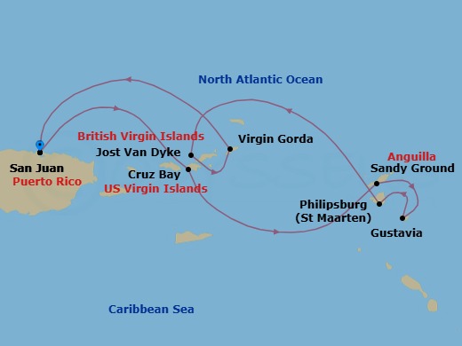 7 Night - Best of British Virgin Isles & St. Barths Cruise - SeaDream I - Starting in San Juan, St John VI (Cruz Bay), US Virgin Islands, Sandy Ground, Gustavia, Philipsburg, Simpson Bay, White Bay, Jost van Dyke, Spanish Town, Virgin Gorda, Leverick Bay, Virgin Gorda, San Juan itinerary map