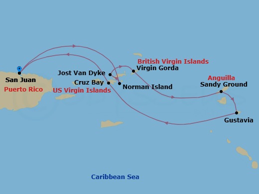 7 Night - Best of British Virgin Isles & St. Barths Cruise - SeaDream I - Starting in San Juan, Norman Island, White Bay, Jost van Dyke, Spanish Town, Virgin Gorda, Leverick Bay, Virgin Gorda, Sandy Ground, Gustavia, St John VI (Cruz Bay), US Virgin Islands, San Juan itinerary map