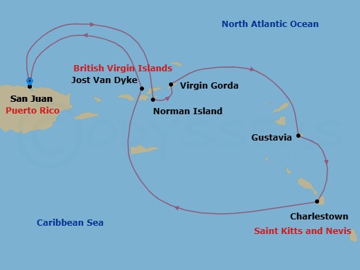 7 Night - Best of British Virgin Isles & St. Barths Cruise - SeaDream I - Starting in San Juan, Norman Island, Spanish Town, Virgin Gorda, Leverick Bay, Virgin Gorda, Trellis Bay, Beef Island, Gustavia, Charlestown, Nevis, White Bay, Jost van Dyke, San Juan itinerary map