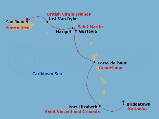 7 Night - Best of the Secluded Caribbean Cruise - SeaDream I - Starting in Bridgetown, Barbados, Port Elizabeth VC, Bequia, Soufriere Bay, Terre De Haut, Iles des Saintes, Gustavia, Marigot, White Bay, Jost van Dyke, San Juan itinerary map