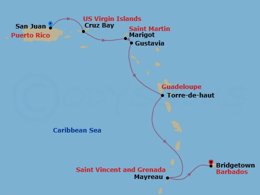 7 Night - Best of the Secluded Caribbean Cruise - SeaDream I - Starting in San Juan, St John VI (Cruz Bay), US Virgin Islands, Marigot, Gustavia, Terre De Haut, Iles des Saintes, Rodney Bay, Mayreau, Bridgetown, Barbados itinerary map