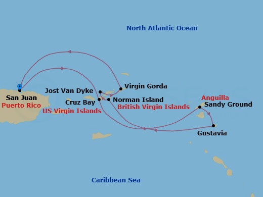 7 Night - Leeward Islands Discovery Cruise - SeaDream I - Starting in San Juan, St John VI (Cruz Bay), US Virgin Islands, Sandy Ground, Gustavia, Norman Island, White Bay, Jost van Dyke, Spanish Town, Virgin Gorda, Leverick Bay, Virgin Gorda, San Juan itinerary map