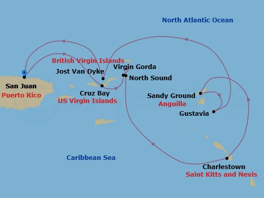 7 Night - Leeward Islands Discovery Cruise - SeaDream I - Starting in San Juan, St John VI (Cruz Bay), US Virgin Islands, Spanish Town, Virgin Gorda, North Sound, Virgin Gorda, Charlestown, Nevis, Sandy Ground, Gustavia, White Bay, Jost van Dyke, San Juan itinerary map