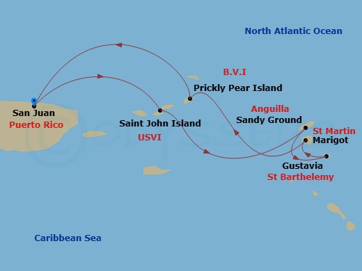 SeaDream I - 6 Night - St. Barths Getaway Cruise - SeaDream I - Starting in San Juan, St John VI (Cruz Bay), US Virgin Islands, Sandy Ground, Gustavia, Marigot, Prickly Pe.. itinerary map