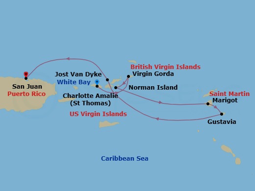 7 Night - Tropical New Year's I Cruise - SeaDream I - Starting in Charlotte Amalie, St Thomas, Spanish Town, Virgin Gorda, Norman Island, Marigot, Gustavia, White Bay, Jost van Dyke, San Juan itinerary map