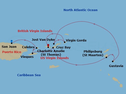 7 Night - Spanish & British Caribbean Delight Cruise - SeaDream I - Starting in San Juan, Culebra, Esperanza, Vieques Island, St John VI (Cruz Bay), US Virgin Islands, Philipsburg, Simpson Bay, Gustavia, White Bay, Jost van Dyke, Spanish Town, Virgin Gorda, Leverick Bay, Virgin Gorda, Charlotte Amalie, St Thomas itinerary map