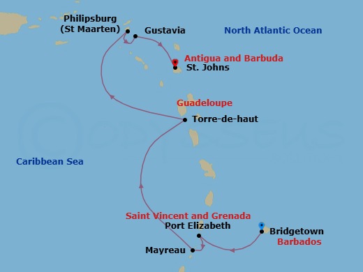 7 Night - West Indies Explorer Cruise - SeaDream I - Starting in Bridgetown, Barbados, Port Elizabeth VC, Bequia, Mayreau, Soufriere Bay, Terre De Haut, Iles des Saintes, Philipsburg, Simpson Bay, Gustavia, St Johns AG itinerary map