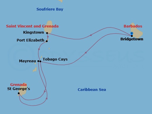 7 Night - the Glorious Grenadines Cruise - SeaDream I - Starting in Bridgetown, Barbados, Soufriere Bay, Kingstown, Port Elizabeth VC, Bequia, Tobago Cays, St Georges, Mayreau, Bridgetown, Barbados itinerary map