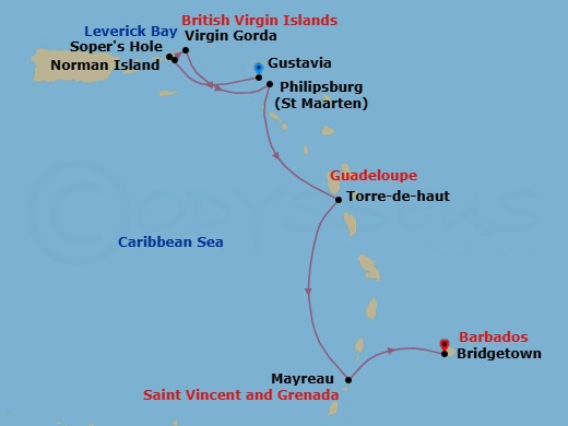 7 Night - British & French Islands Discovery Cruise - SeaDream I - Starting in Philipsburg, Sopers Hole, Tortola, Norman Island, Spanish Town, Virgin Gorda, Leverick Bay, Virgin Gorda, Gustavia, Terre De Haut, Iles des Saintes, Mayreau, Bridgetown, Barbados itinerary map