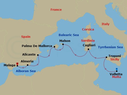 8 Night - Best of the Mediterranean Isles Cruise - SeaDream I - Starting in Valletta, Trapani, Sicily, Cagliari, Sardinia, Mahon, Menorca, Balearic Islands, Palma de Mallorca, Balearic Islands, Alicante, Almeria, Malaga itinerary map