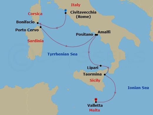 7 Night - Southern Italy Dream Cruise - SeaDream I - Starting in Rome (Civitavecchia), Bonifacio, Corsica, Porto Cervo, Sardinia, Positano, Amalfi, Lipari, Aeolian Islands, Taormina (Mount Etna) Sicily, Valletta itinerary map