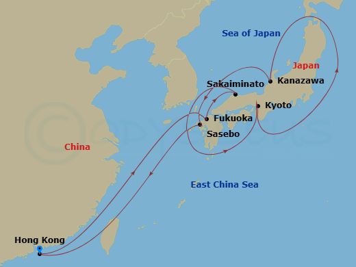 RCL Spectrum of the Seas - 11 Night - Kyoto, Fukuoka & Sasebo Cruise - RCL Spectrum of the Seas - Starting in Hong Kong, China, Fukuoka, Japan, Sakaiminato, Japan, Kyoto (Maizuru), Japa.. itinerary map