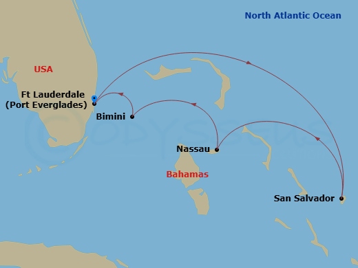 Ilma - 5 Night - Fort Lauderdale, Florida / Fort Lauderdale, Florida - Ilma - Starting in Fort Lauderdale, Florida, San Salvador, Nassau, Bimini, Fort Lauderdale, Fl.. itinerary map
