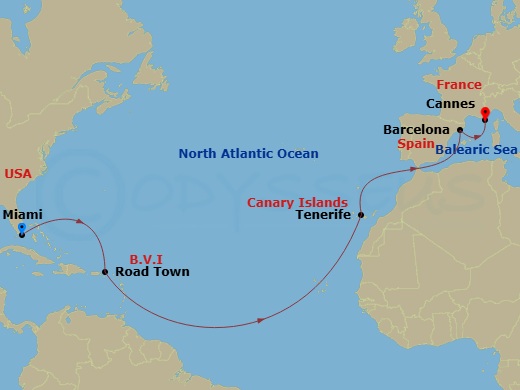 MSC Divina - 14 Night - Msc Grand Voyages - MSC Divina - Starting in Miami, Florida, Road Town (Tortola), British Virgin Islands, Santa Cruz de Tenerife, Barcelona, Spain,.. itinerary map
