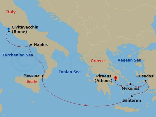 RCL Brilliance of the Seas - 7 Night - Greek Isles & Italy Cruise - RCL Brilliance of the Seas - Starting in Rome (Civitavecchia), Italy, Naples, Italy, Sicily (Messina), Italy, Santorini.. itinerary map