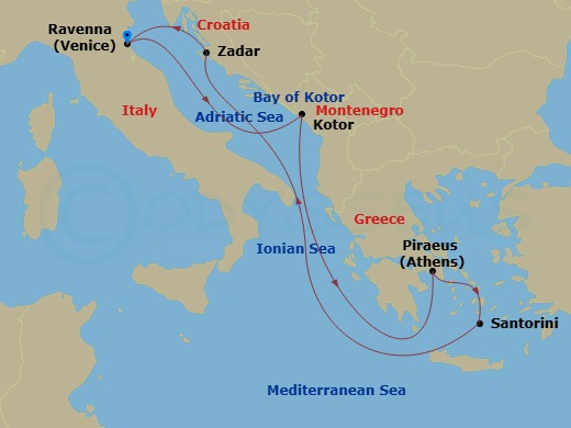 RCL Explorer of the Seas - 7 Night - Greece & Adriatic Cruise - RCL Explorer of the Seas - Starting in Ravenna, Italy, Bay of Kotor (Cruising), Kotor, Montenegro, Athens (Piraeus), Gree.. itinerary map