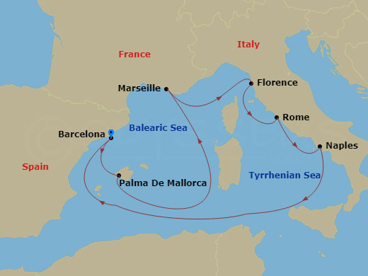 RCL Harmony of the Seas - 7 Night - Western Mediterranean Cruise - RCL Harmony of the Seas - Starting in Barcelona, Spain, Palma De Mallorca, Spain, Provence (Marseille), France, Flore.. itinerary map