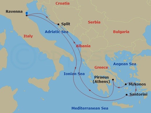 RCL Explorer of the Seas - 7 Night - Greek Isles Cruise - RCL Explorer of the Seas - Starting in Ravenna, Italy, Santorini, Greece, Mykonos, Greece, Athens (Piraeus), Greece, Split, Cro.. itinerary map