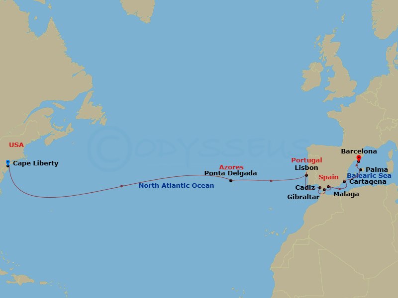 RCL Odyssey of the Seas - 15 Night - Spain & Portugal Transatlantic - RCL Odyssey of the Seas - Starting in Cape Liberty, Nj (Ny Metro), Ponta Delgada, Azores, Lisbon, Portugal, Sevill.. itinerary map