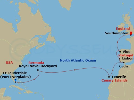RCL Liberty of the Seas - 16 Night - Spain & Portugal Transatlantic - RCL Liberty of the Seas - Starting in Fort Lauderdale, Florida, Royal Naval Dockyard, Bermuda, Tenerife, Canary Is.. itinerary map
