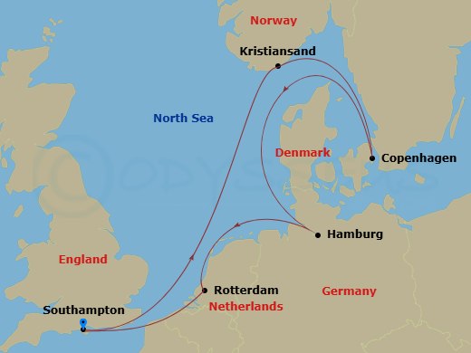 RCL Liberty of the Seas - 8 Night - Northern City Escapes Cruise - RCL Liberty of the Seas - Starting in Southampton, England, Kristiansand, Norway, Copenhagen, Denmark, Hamburg, Germa.. itinerary map
