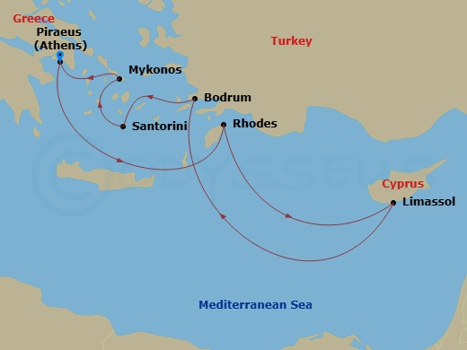 RCL Brilliance of the Seas - 7 Night - Greek Isles & Cyprus Cruise - RCL Brilliance of the Seas - Starting in Athens (Piraeus), Greece, Rhodes, Greece, Limassol, Cyprus, Bodrum, Turkey, S.. itinerary map