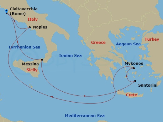 RCL Odyssey of the Seas - 7 Night - Greek Isles & Italy Cruise - RCL Odyssey of the Seas - Starting in Rome (Civitavecchia), Italy, Sicily (Messina), Italy, Santorini, Greece, Mykonos,.. itinerary map