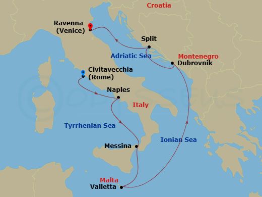 RCL Brilliance of the Seas - 7 Night - Italy, Croatia & Malta Cruise - RCL Brilliance of the Seas - Starting in Rome (Civitavecchia), Italy, Naples, Italy, Sicily (Messina), Italy, Vallet.. itinerary map