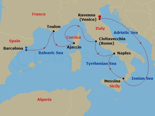 RCL Brilliance of the Seas - 7 Night - Italy & France Cruise - RCL Brilliance of the Seas - Starting in Barcelona, Spain, Provence (Toulon), France, Ajaccio, Corsica, France, Rome (Civita.. itinerary map