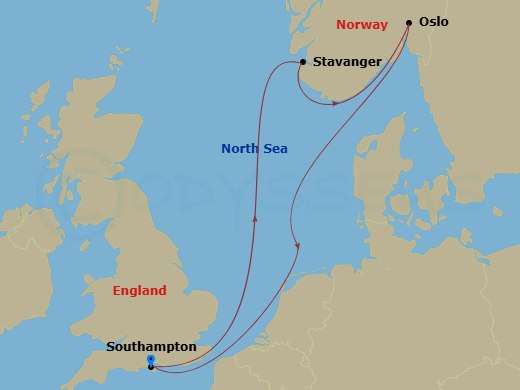 RCL Liberty of the Seas - 6 Night - Norwegian Adventure Cruise - RCL Liberty of the Seas - Starting in Southampton, England, Stavanger, Norway, Oslo, Norway, Southampton, England itinerary map
