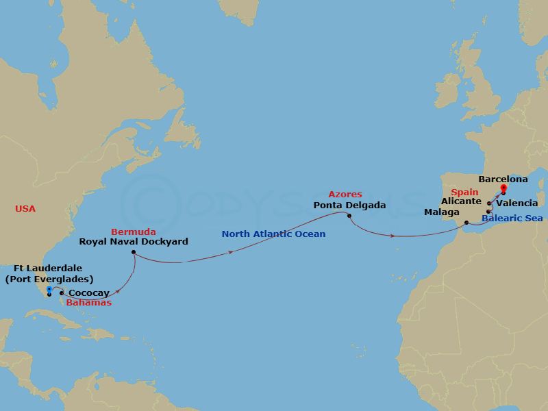 RCL Brilliance of the Seas - 15 Night - Spain & Bermuda Transatlantic - RCL Brilliance of the Seas - Starting in Fort Lauderdale, Florida, Perfect Day Cococay, Bahamas, Royal Naval Dockya.. itinerary map