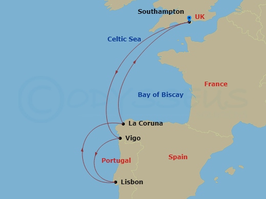 RCL Liberty of the Seas - 7 Night - Spain & Portugal Cruise - RCL Liberty of the Seas - Starting in Southampton, England, Vigo, Spain, Lisbon, Portugal, La Coruna, Spain, Southampton,.. itinerary map