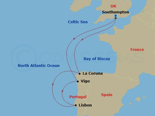 RCL Liberty of the Seas - 7 Night - Spain & Portugal Cruise - RCL Liberty of the Seas - Starting in Southampton, England, La Coruna, Spain, Lisbon, Portugal, Vigo, Spain, Southampton,.. itinerary map