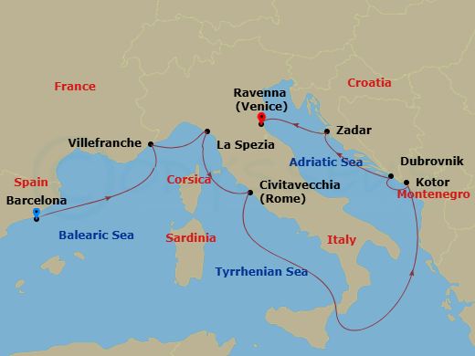 RCL Explorer of the Seas - 9 Night - Italy, France & Croatia Cruise - RCL Explorer of the Seas - Starting in Barcelona, Spain, Nice (Villefranche), France, Florence / Pisa (La Spezia),.. itinerary map