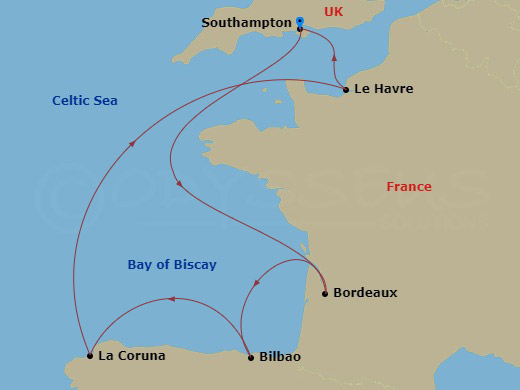 RCL Liberty of the Seas - 7 Night - Spain & France Cruise - RCL Liberty of the Seas - Starting in Southampton, England, Bordeaux (La Rochelle), France, Bilbao, La Coruna, Spain, Paris.. itinerary map