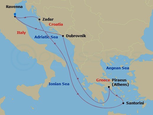 RCL Explorer of the Seas - 7 Night - Greece & Croatia Cruise - RCL Explorer of the Seas - Starting in Ravenna, Italy, Dubrovnik, Croatia, Athens (Piraeus), Greece, Santorini, Greece, Za.. itinerary map